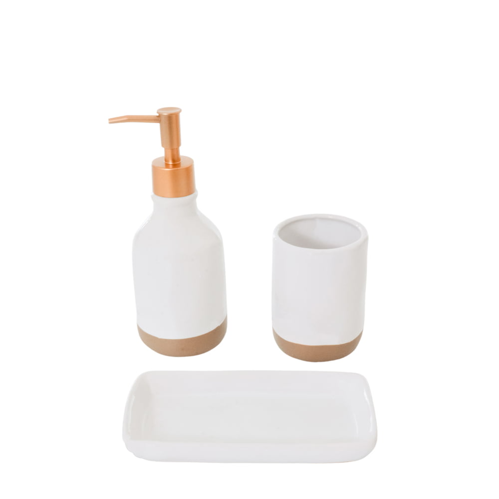 Golden Line - Kit para Banheiro 3 peças Branco e Dourado (Outlet)