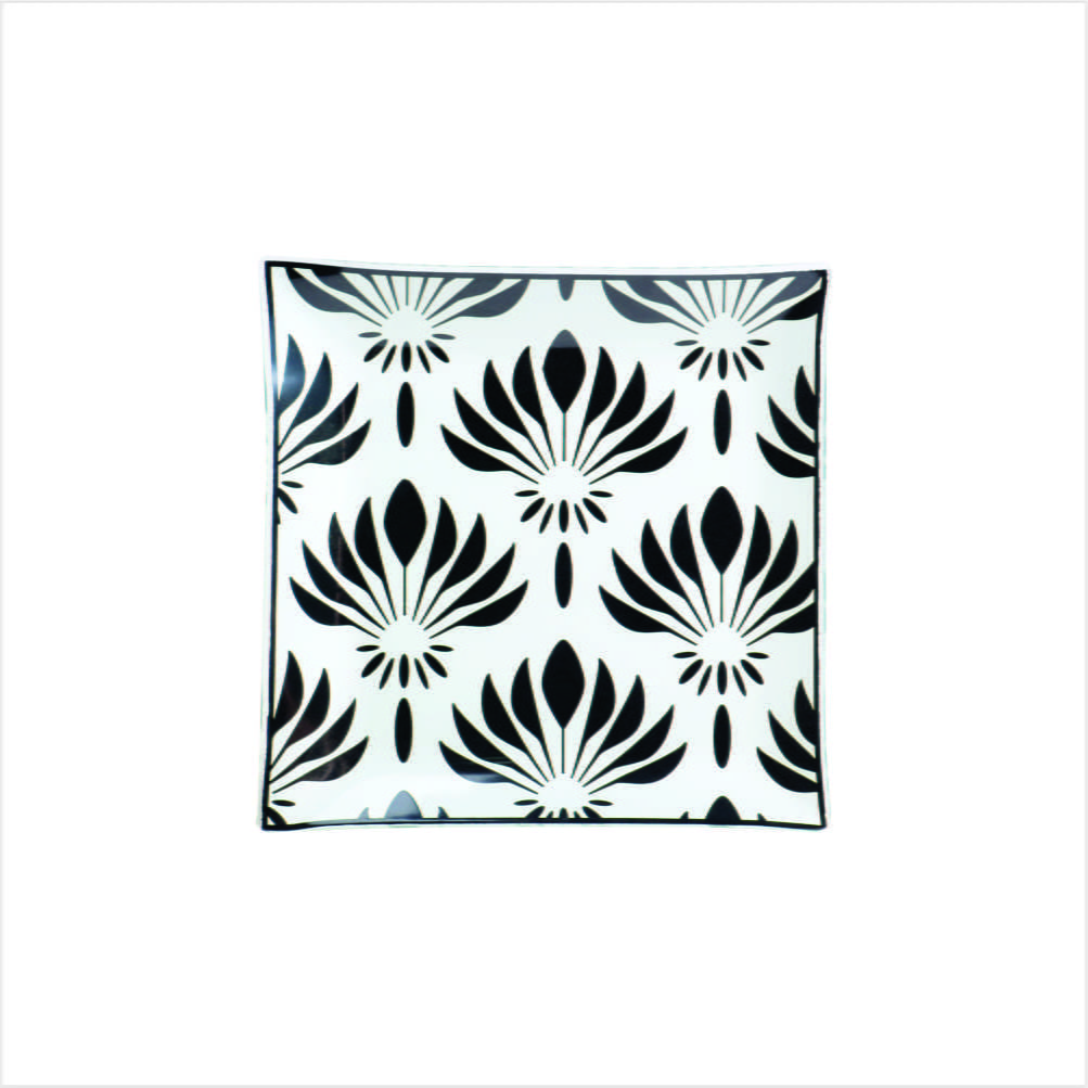 Flor de Lotus Black & White - Prato Quadrado de Sobremesa em Vidro