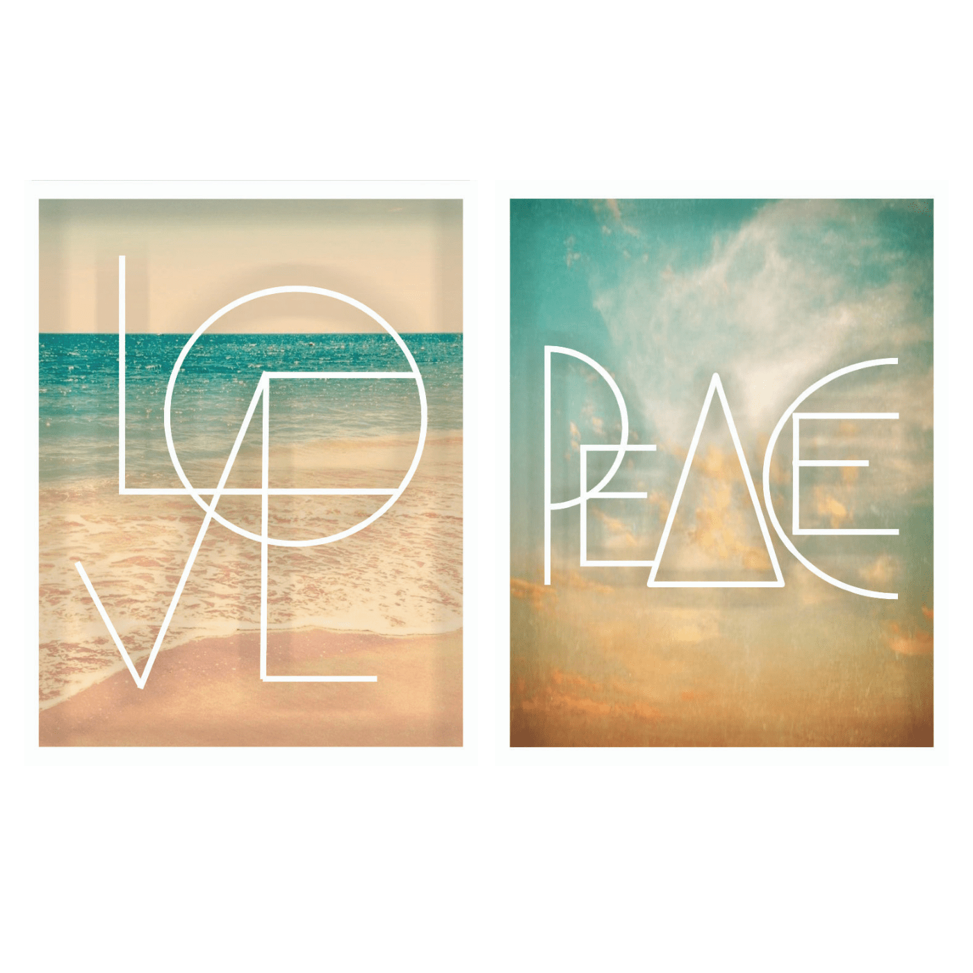 Peace and Love - Conjunto com 2 Quadros com Moldura e Vidro