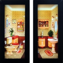 Banheiro Colorido Retrô - Kit com Dois Quadrinhos com Vidro