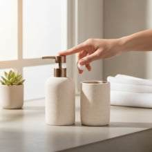 Kyphi - Porta Sabonete Liquido e Copo de Enxague / Porta Escova de Dente em Polirresina