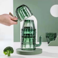 Cacto - Kit com 4 copos em Vidro Verde Empilháveis
