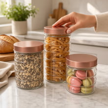 Clean Rosê - Conjunto Com 3 Potes para Mantimentos Em Vidro Clean Rosê - Conjunto Com 3 Potes para Mantimentos Em Vidro