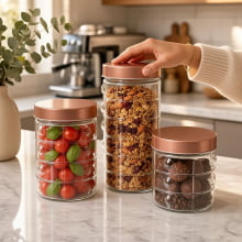 Clean Rosê - Conjunto Com 3 Potes para Mantimentos Em Vidro