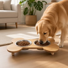 Dog - Comedouro Duplo em Madeira e Alumínio para Cães