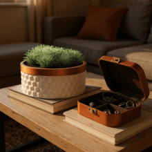 Branco e Cobre 3D - Kit Cachepots Baixo em Cimento 2 peças (P e G)