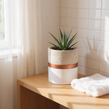 Branco e Cobre - Tamanho G - Vaso em Cimento