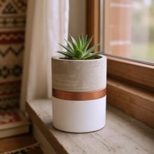 Branco e Cobre - Tamanho G - Vaso em Cimento