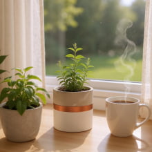 Branco e Cobre - Tamanho P - Vaso em Cimento