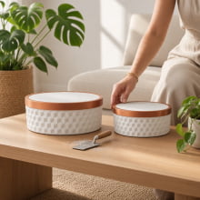 Cuivre Relief 3D - Kit Cachepots Baixo em Cimento 2 peças (P e G) Branco e Cobre