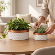 Cuivre Relief 3D - Kit Cachepots Baixo em Cimento 2 peças (P e G) Branco e Cobre