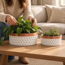 Cuivre Relief 3D - Kit Cachepots Baixo em Cimento 2 peças (P e G) Branco e Cobre