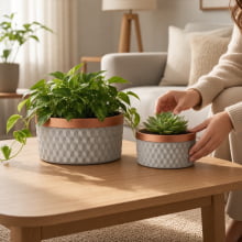 Cuivre Relief 3D - Kit Cachepots Baixo em Cimento 2 peças (P e G) Cimento e Cobre