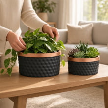Cuivre Relief 3D - Kit Cachepots Baixo em Cimento 2 peças (P e G) Preto e Cobre