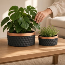 Cuivre Relief 3D - Kit Cachepots Baixo em Cimento 2 peças (P e G) Preto e Cobre