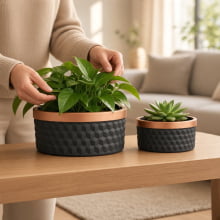 Cuivre Relief 3D - Kit Cachepots Baixo em Cimento 2 peças (P e G) Preto e Cobre