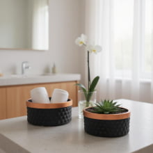 Preto e Cobre 3D - Kit Cachepots Baixo em Cimento 2 peças (P e G)