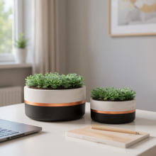 Preto e Cobre - Kit Cachepot em Cimento 2 peças (P e G)
