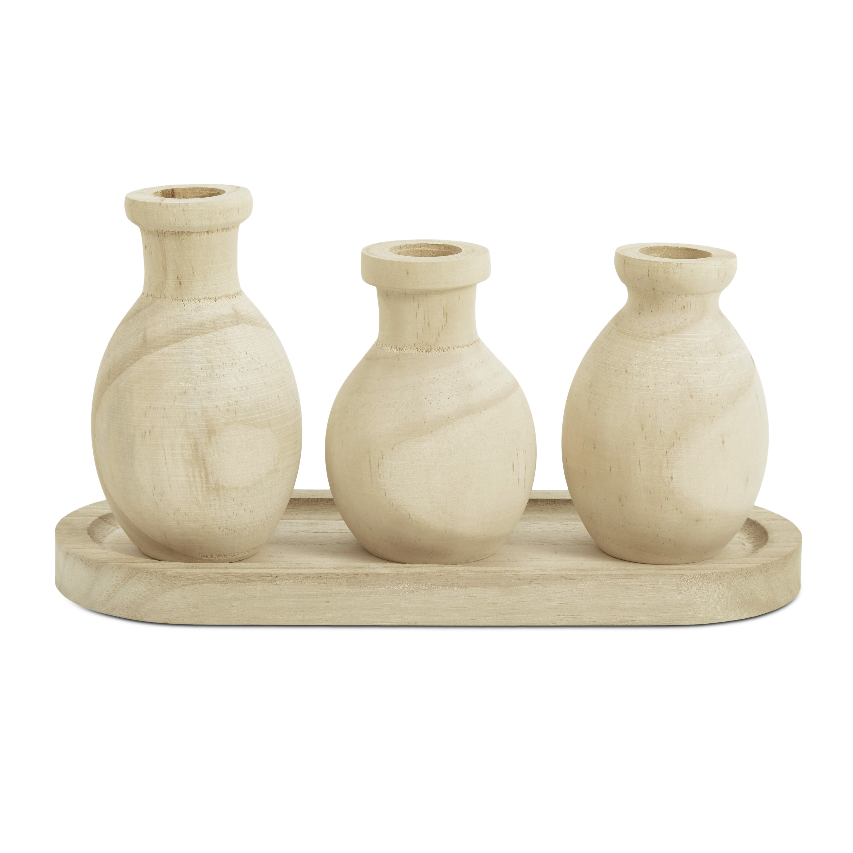 Triple Wood - Kit 3 Mini Vasos e Bandeja em Madeira Natural